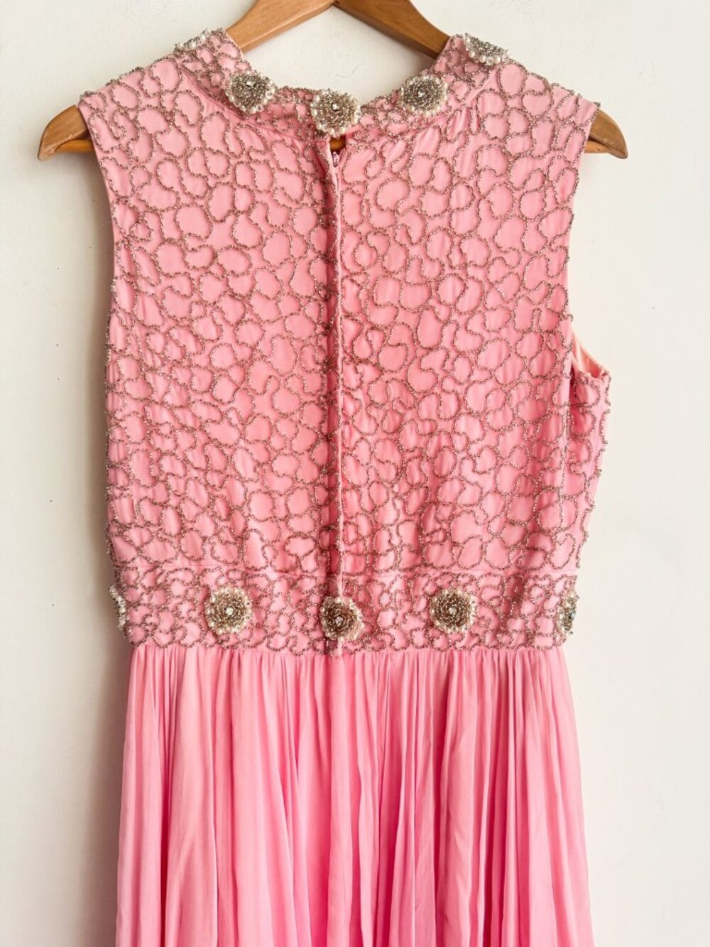 Vintage 60s Barbie Pink Beaded Fit and Flare Midi Cocktail Dress S - Picture 7 of 9
